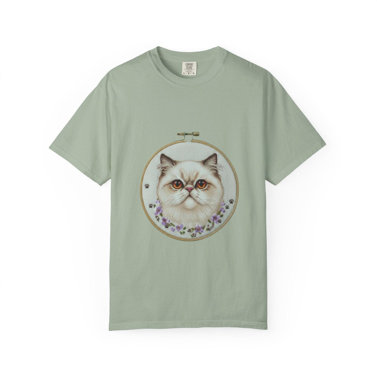 Persian Cat Portrait T-shirt | Embroidery Hoop Floral Illustration