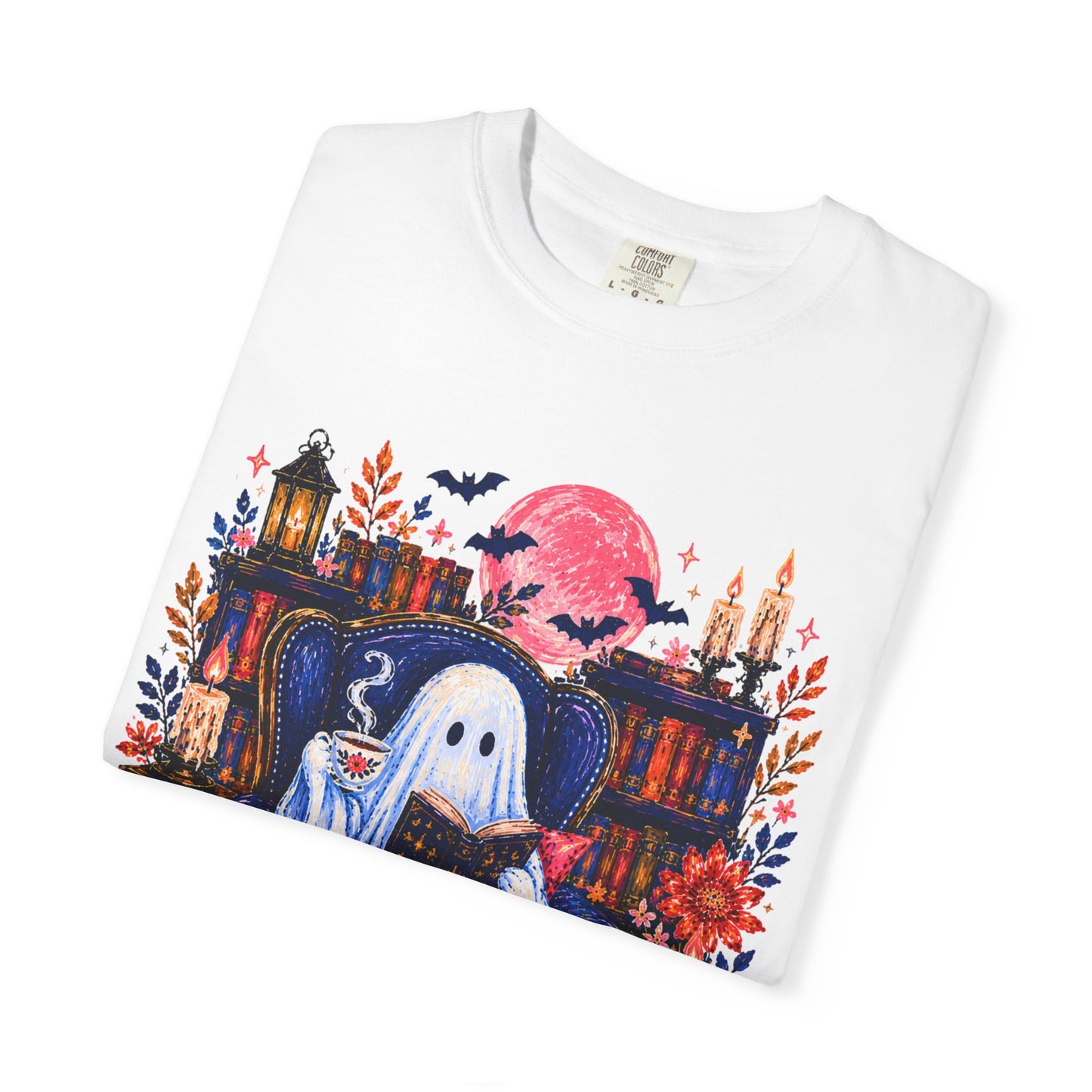 Cozy Reading Ghost T-Shirt | Bookish Halloween Illustration