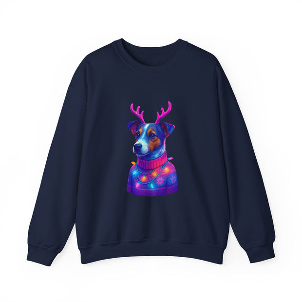 Neon Jack Russell in Reindeer Antlers Sweatshirt | Holiday Pet Portrait