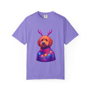 Golden Doodle in Reindeer Antler Sweater T-Shirt | Holiday Dog Portrait