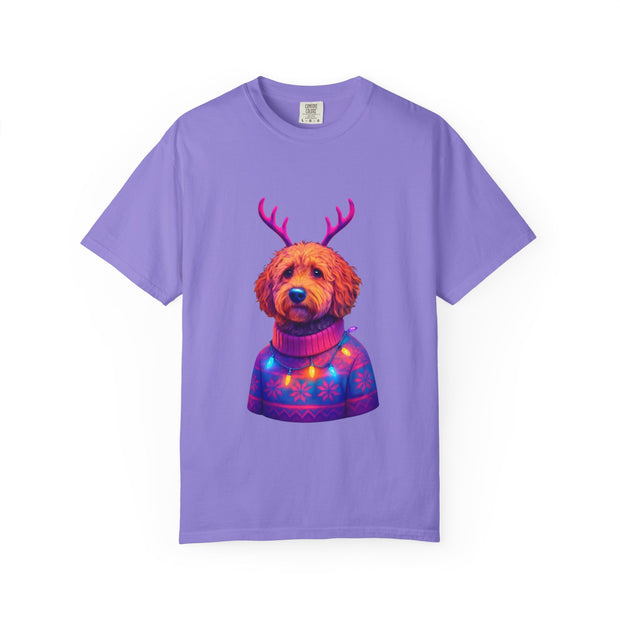 Golden Doodle in Reindeer Antler Sweater T-Shirt | Holiday Dog Portrait