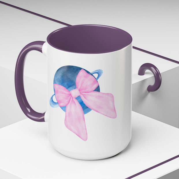 Blue Saturn Wrapped In A Pink Bow Accent Coffee Mug