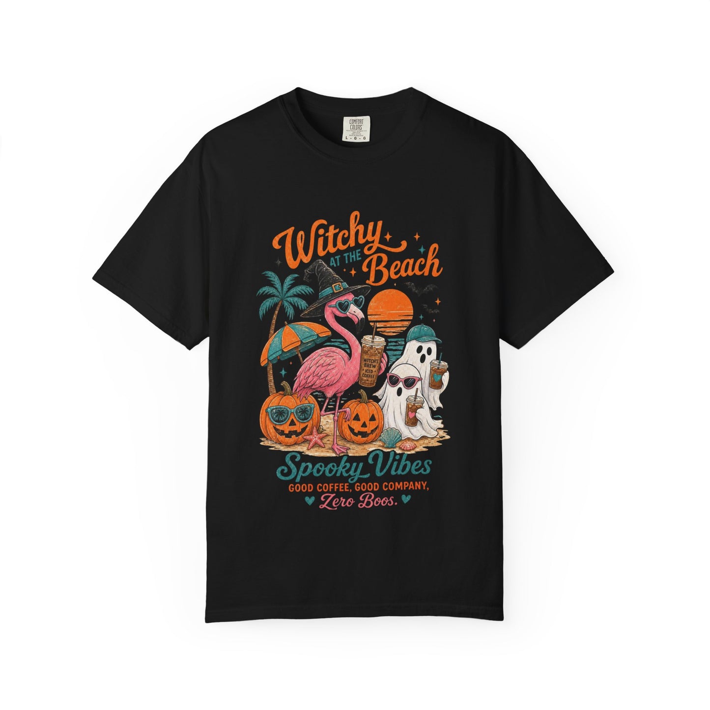 Witchy at the Beach T-shirt | Spooky Vibes Halloween Flamingo Design