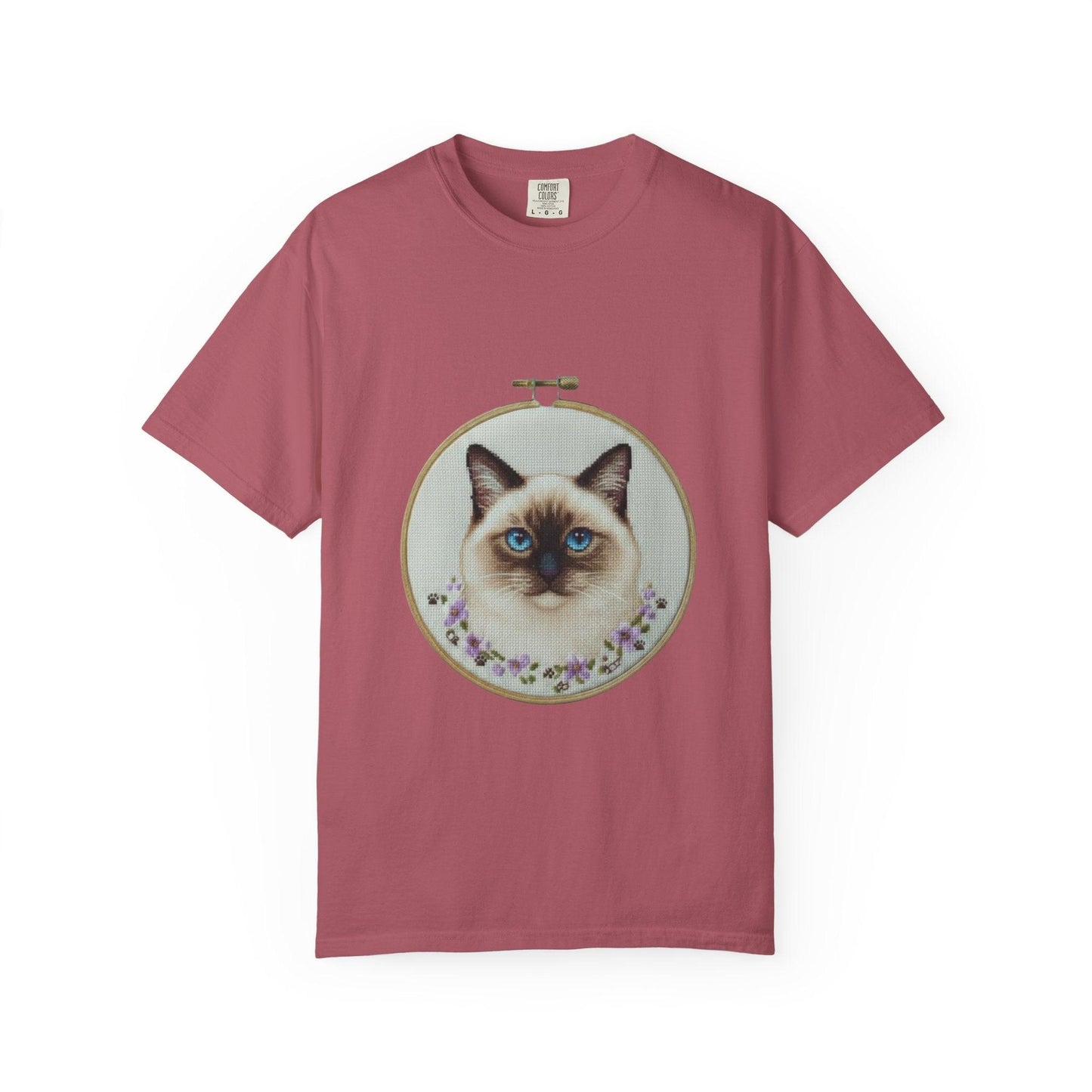 Blue-Eyed Siamese Cat Portrait T-Shirt | Embroidery Hoop Floral Design