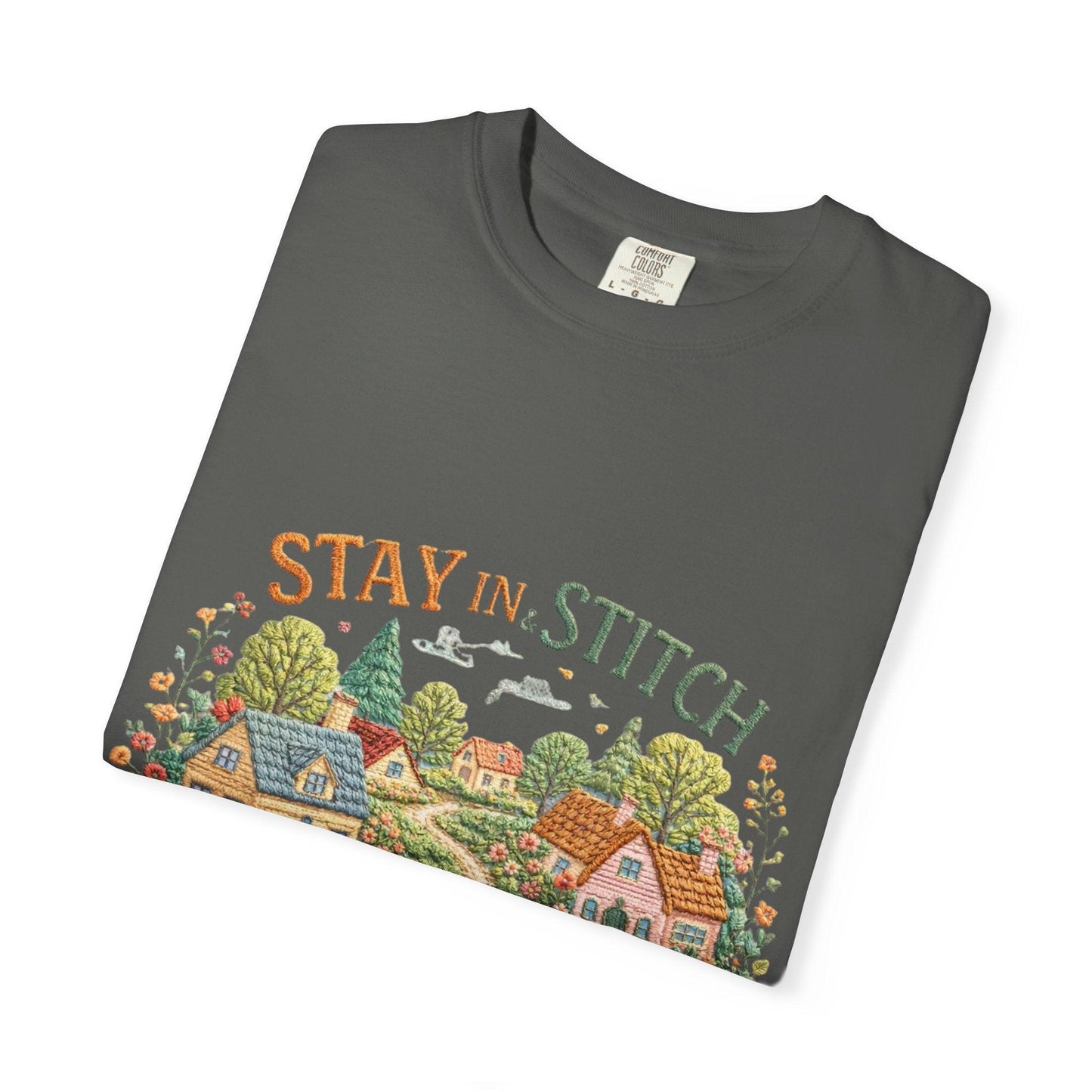 Stay In and Stitch Shirt, Cottagecore Sewing Tee, Grandma Hobbies Top, Vintage Cross Stitch Floral Village