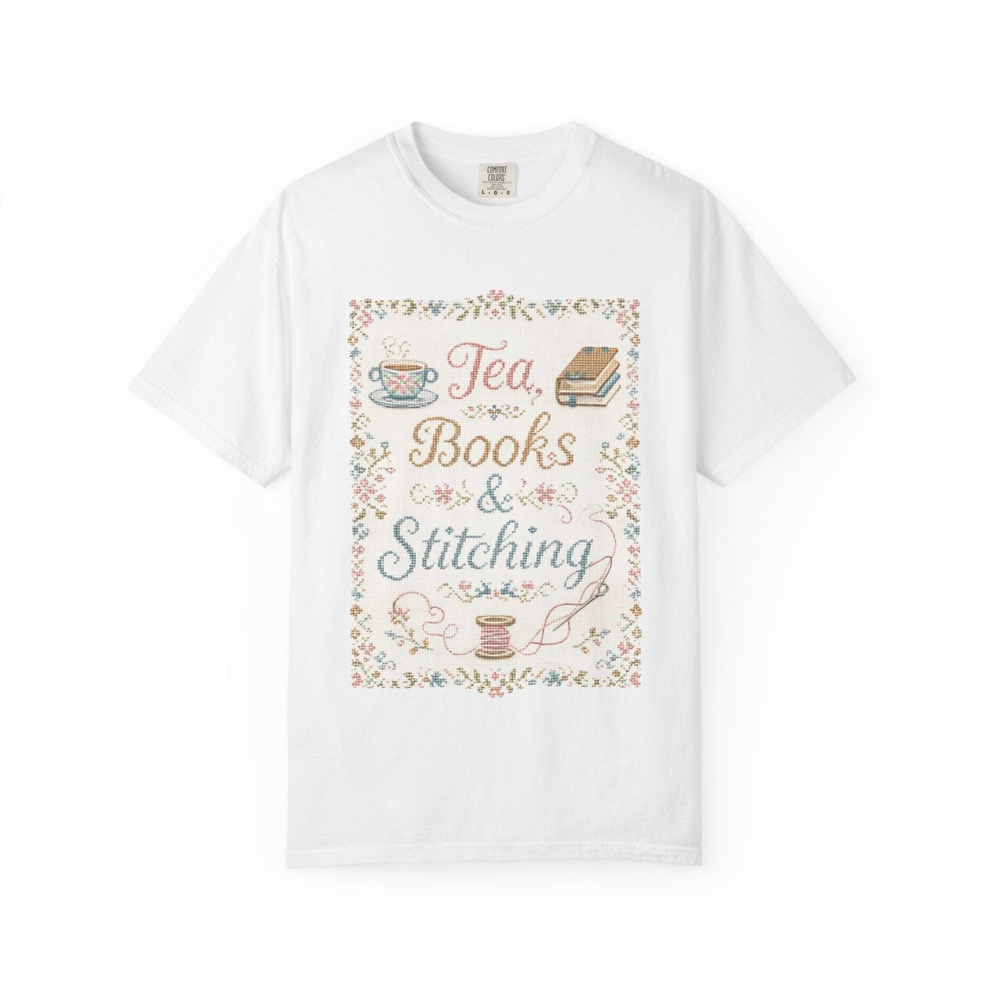 Tea Books & Stitching T-shirt | Reading, Sewing, Cozy Hobby Design