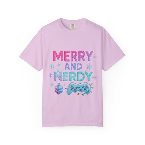 Merry and Nerdy T-Shirt, Unisex Gamer Tee, Holiday Gaming Shirt, Fun Christmas Apparel, Gift for Nerds, Cozy Casual Style