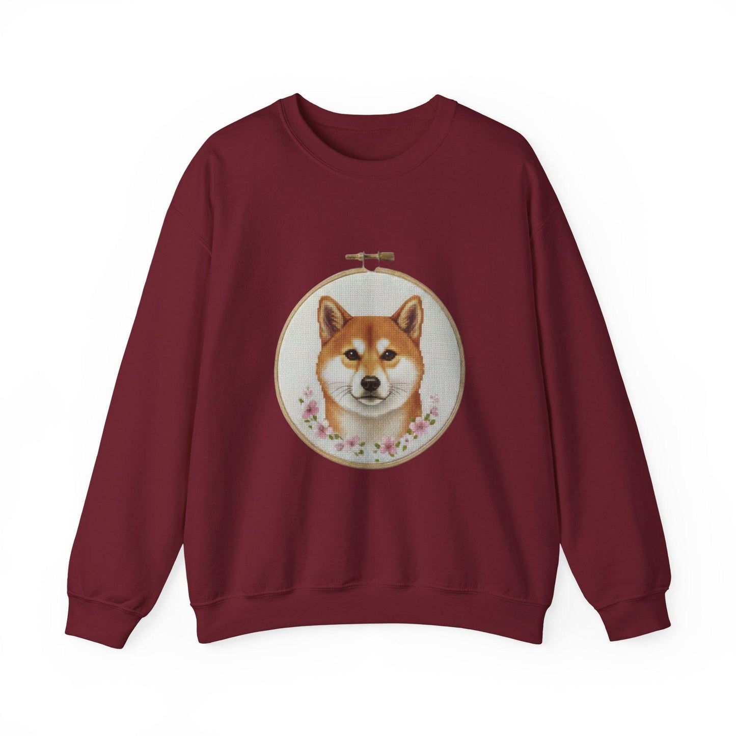 Shiba Inu Portrait Crewneck Sweatshirt | Embroidery Hoop Floral Frame