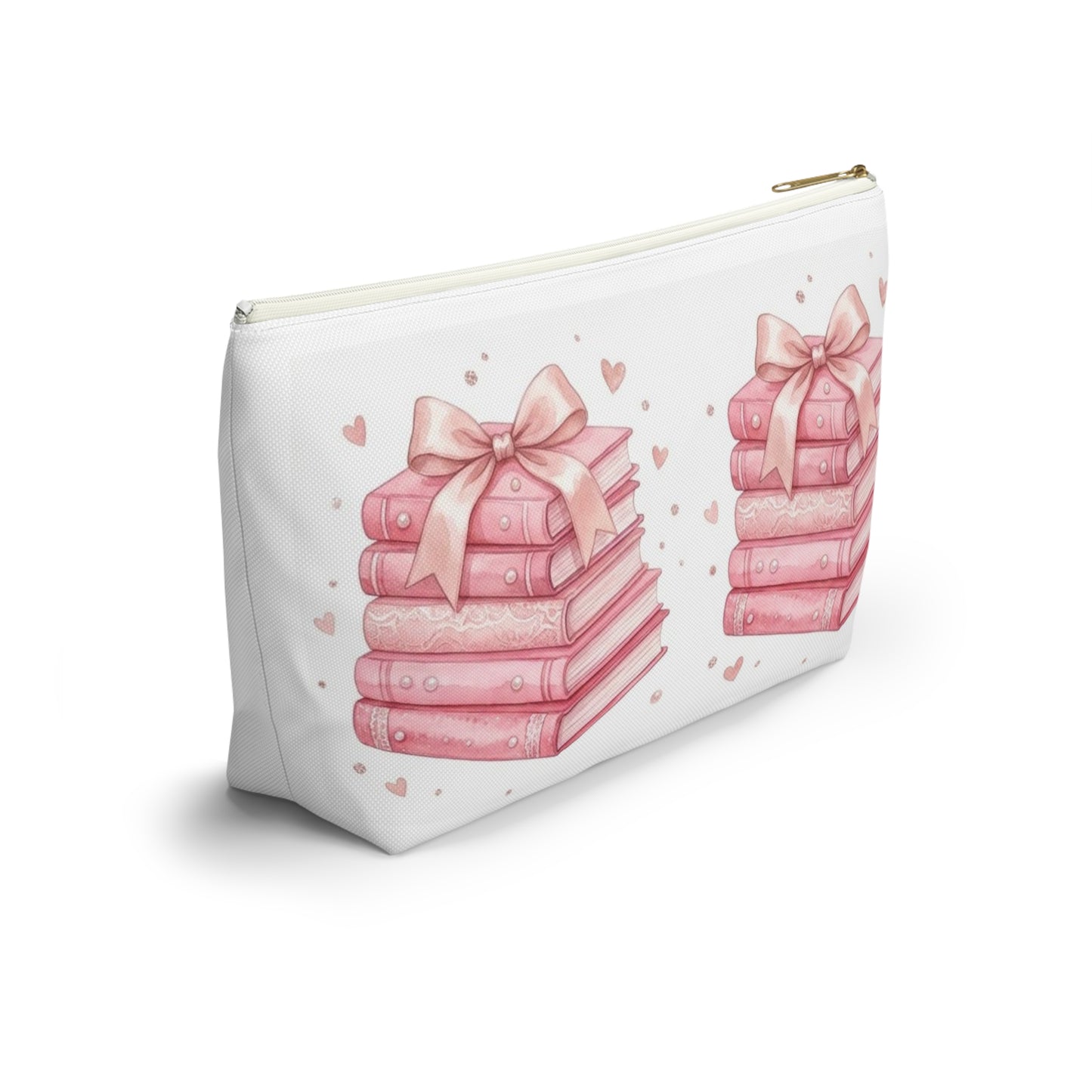 Stacked Pink Books with Bow Accessory Pouch | Cute Book Lover Cosmetic Bag