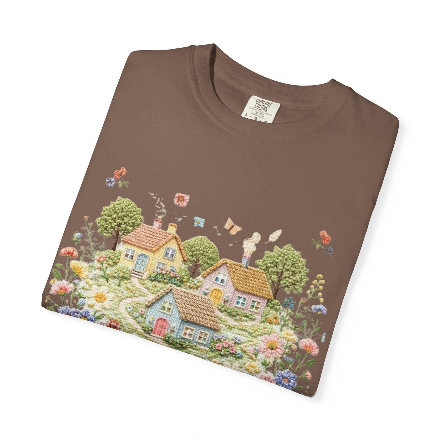 Cottage Garden Landscape T-shirt | Floral Village Illustration