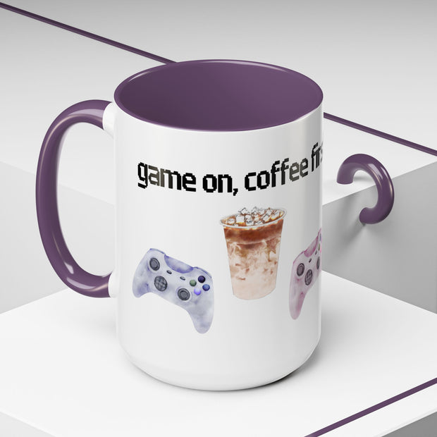 'Game On, Coffee First' Accent Coffee Mug