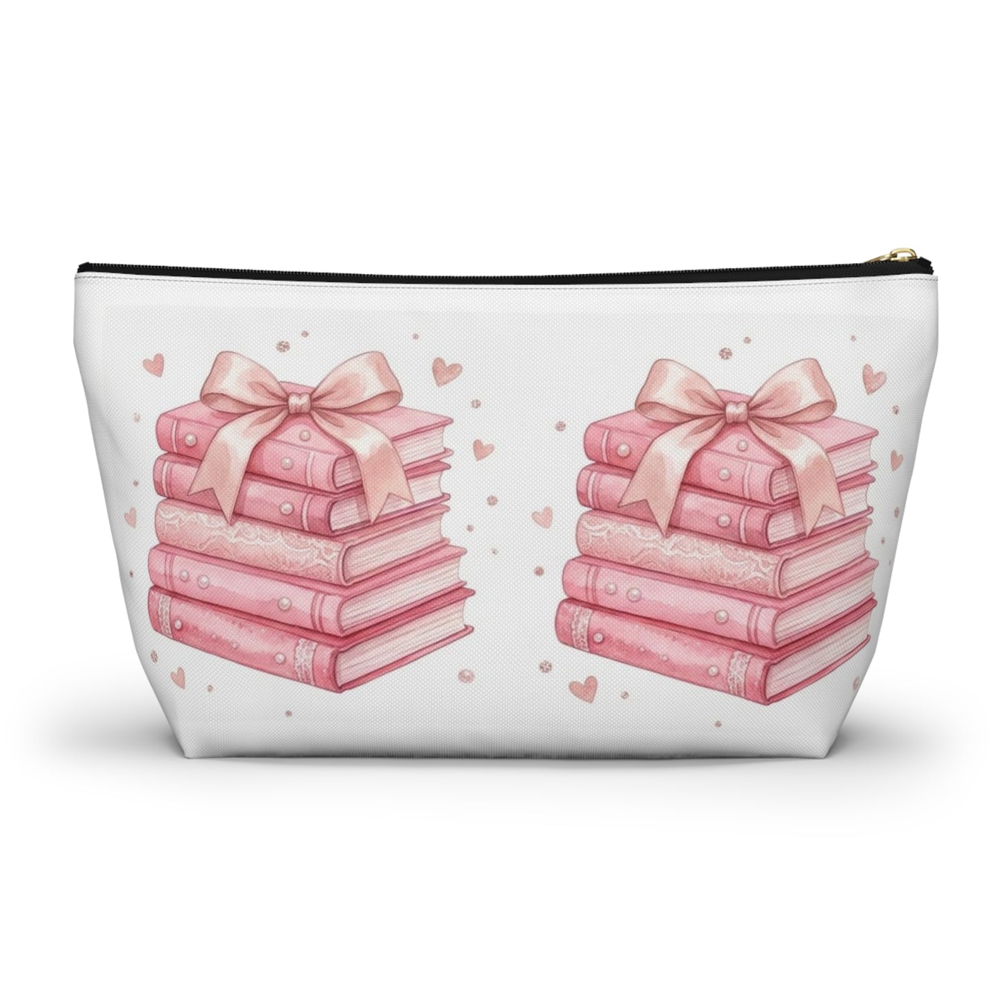 Stacked Pink Books with Bow Accessory Pouch | Cute Book Lover Cosmetic Bag