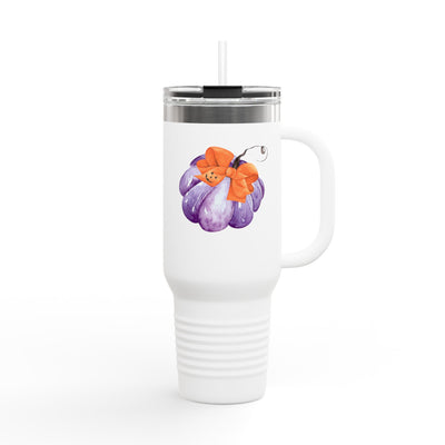 Purple Pumpkin Wrapped In A Bow Insulated Travel Mug, 40oz