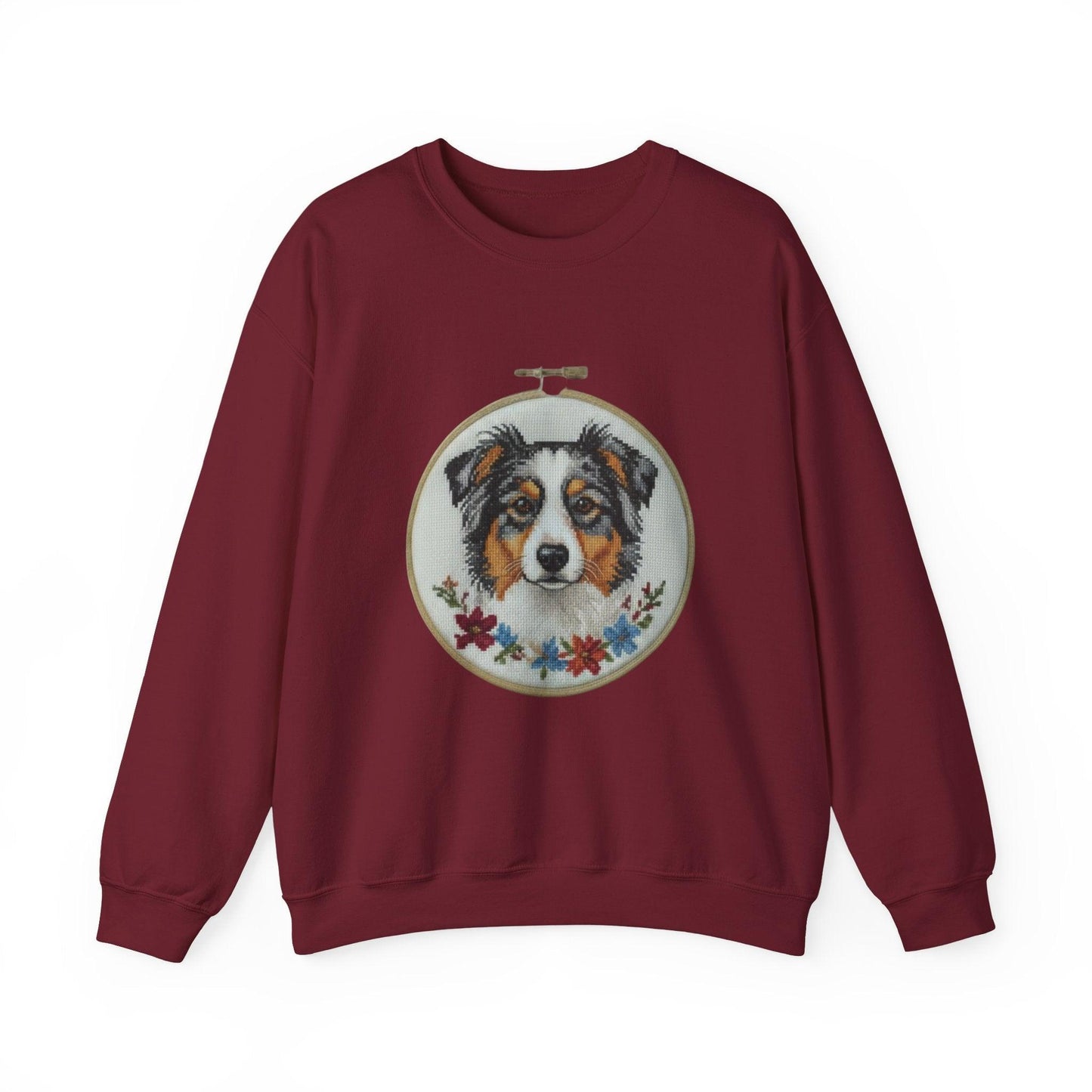 Australian Shepherd Sweatshirt, Aussie Dog Mom Gift, Embroidery Hoop Portrait, Cross Stitch Dog Crewneck