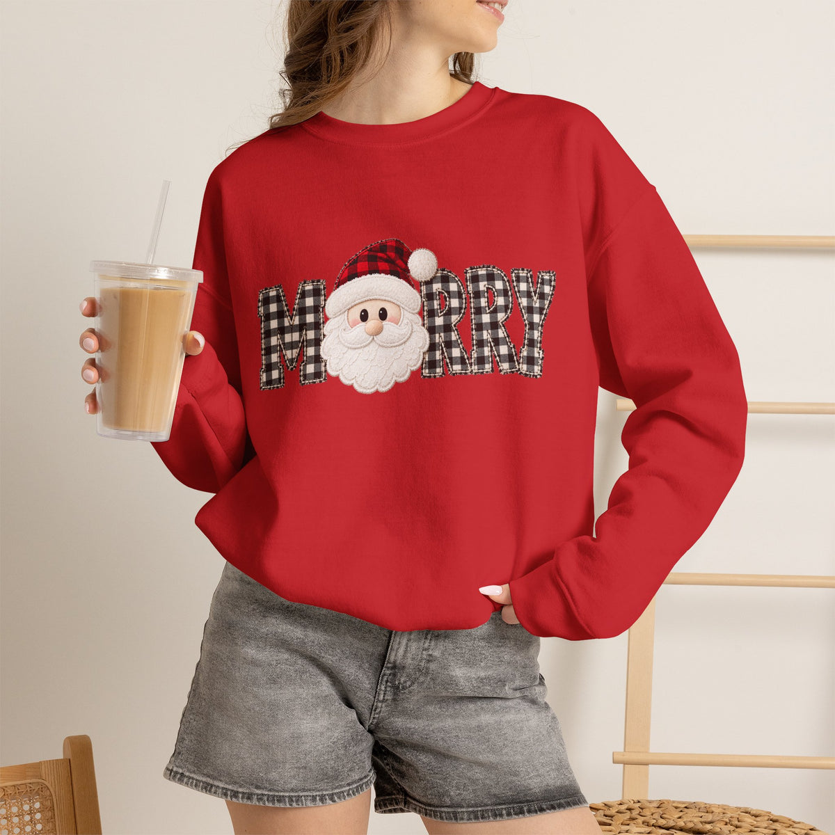 Merry Christmas Sweatshirt, Santa Christmas Crewneck, Plaid Holiday Sweater, Cute Santa Shirt, Cozy Christmas Gift for Her