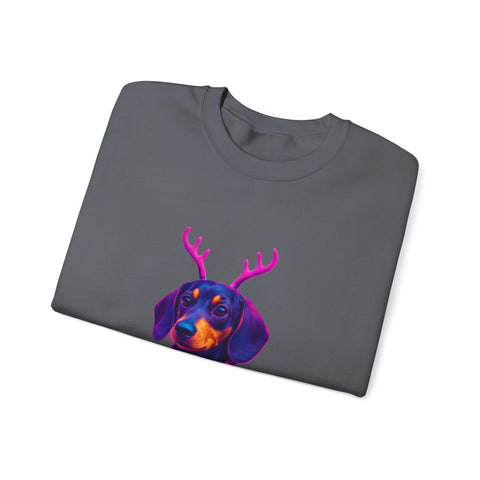 Dachshund Reindeer Sweater Crewneck Sweatshirt | Neon Holiday Dog Art