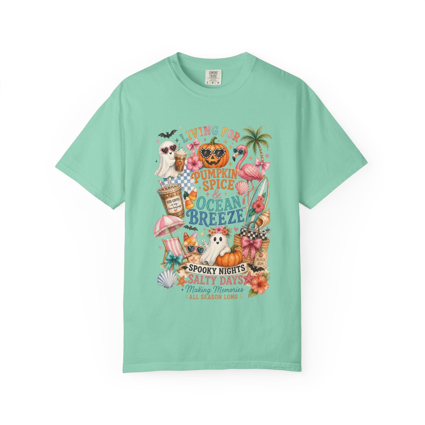 Pumpkin Spice & Ocean Breeze T-Shirt, Summerween Flamingo Shirt, Halloween Beach Tee, Tropical Spooky Season Graphic, Fall Vacation Shirt