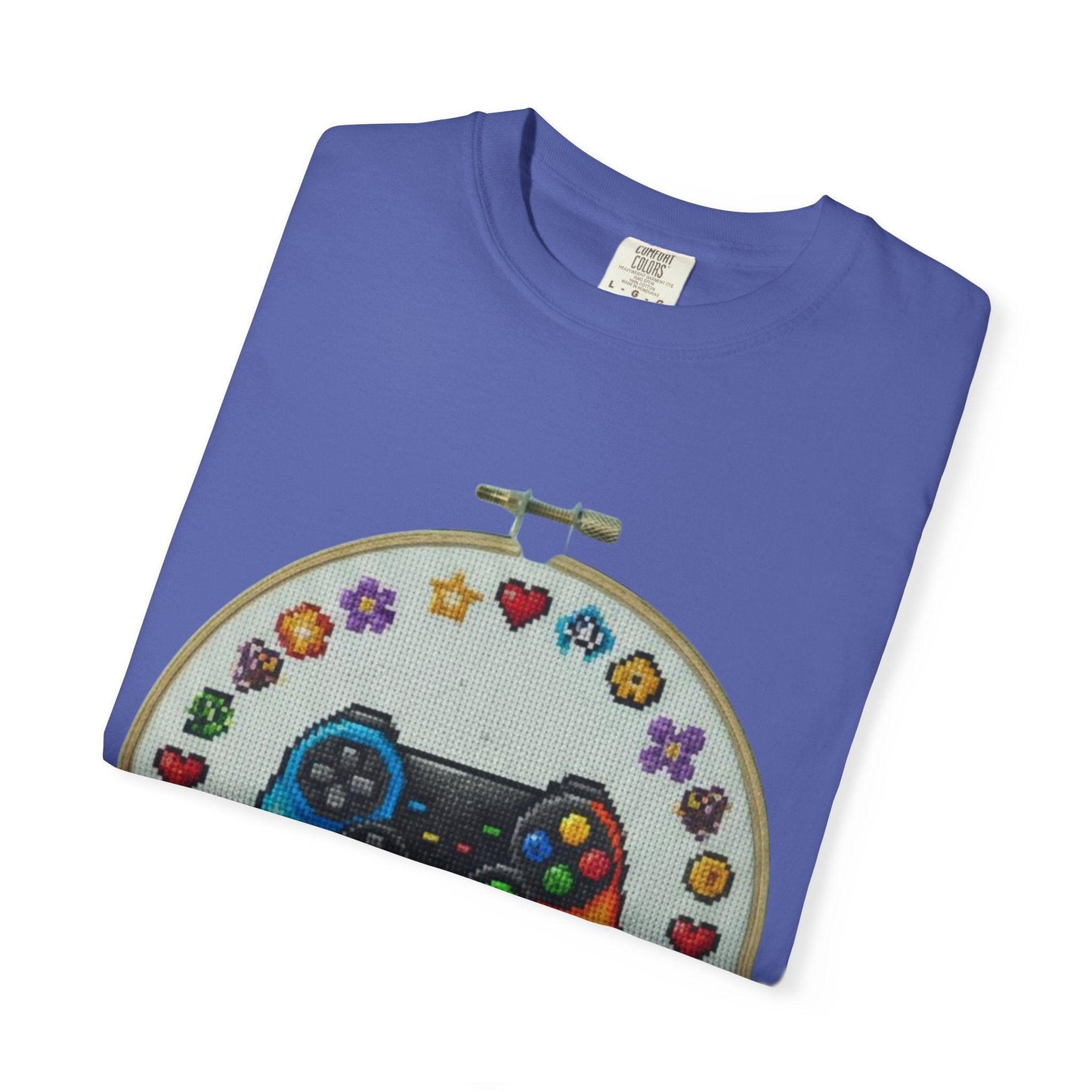 Rainbow Game Controller embroidery hoop T-Shirt | Gamer cross stitch design