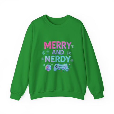 Festive Gamer Crewneck Sweatshirt - Merry and Nerdy, Unisex Sweatshirt, Holiday Apparel, Gaming Sweatshirt, Cozy Gift for Gamers