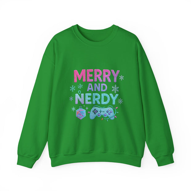 Festive Gamer Crewneck Sweatshirt - Merry and Nerdy, Unisex Sweatshirt, Holiday Apparel, Gaming Sweatshirt, Cozy Gift for Gamers