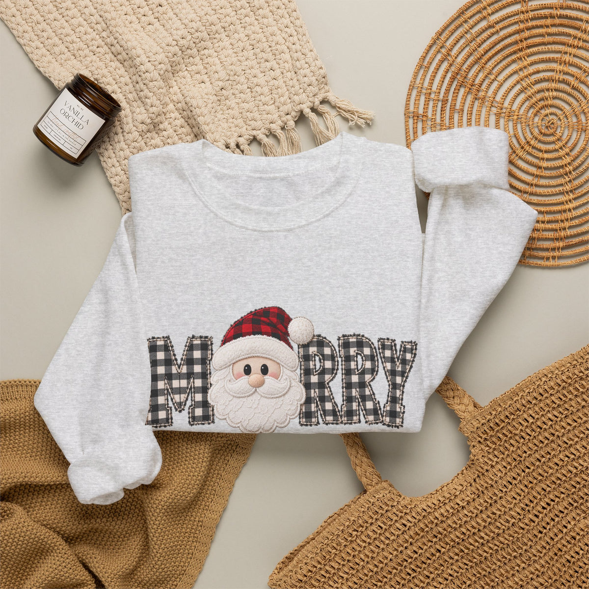 Merry Christmas Sweatshirt, Santa Christmas Crewneck, Plaid Holiday Sweater, Cute Santa Shirt, Cozy Christmas Gift for Her