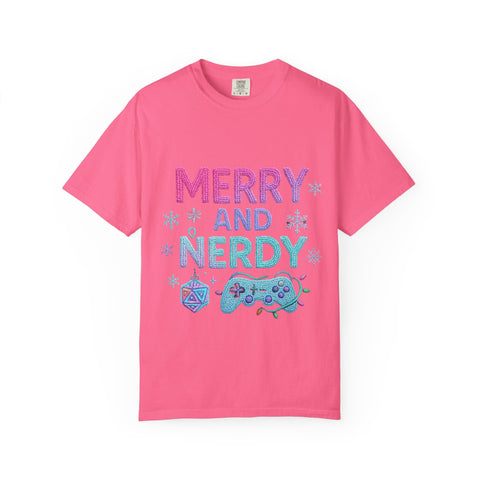 Merry and Nerdy T-Shirt, Unisex Gamer Tee, Holiday Gaming Shirt, Fun Christmas Apparel, Gift for Nerds, Cozy Casual Style