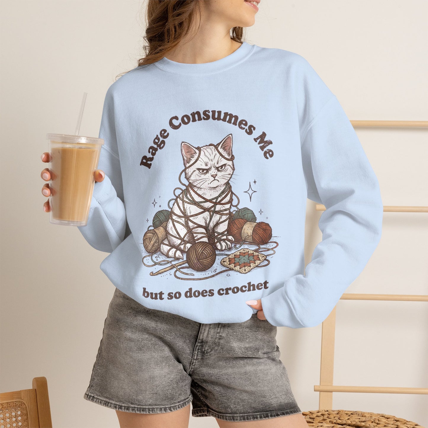 Rage Consumes Me Crochet Cat Shirt, Funny Knitting Tee, Grandma Hobbies Sweatshirt