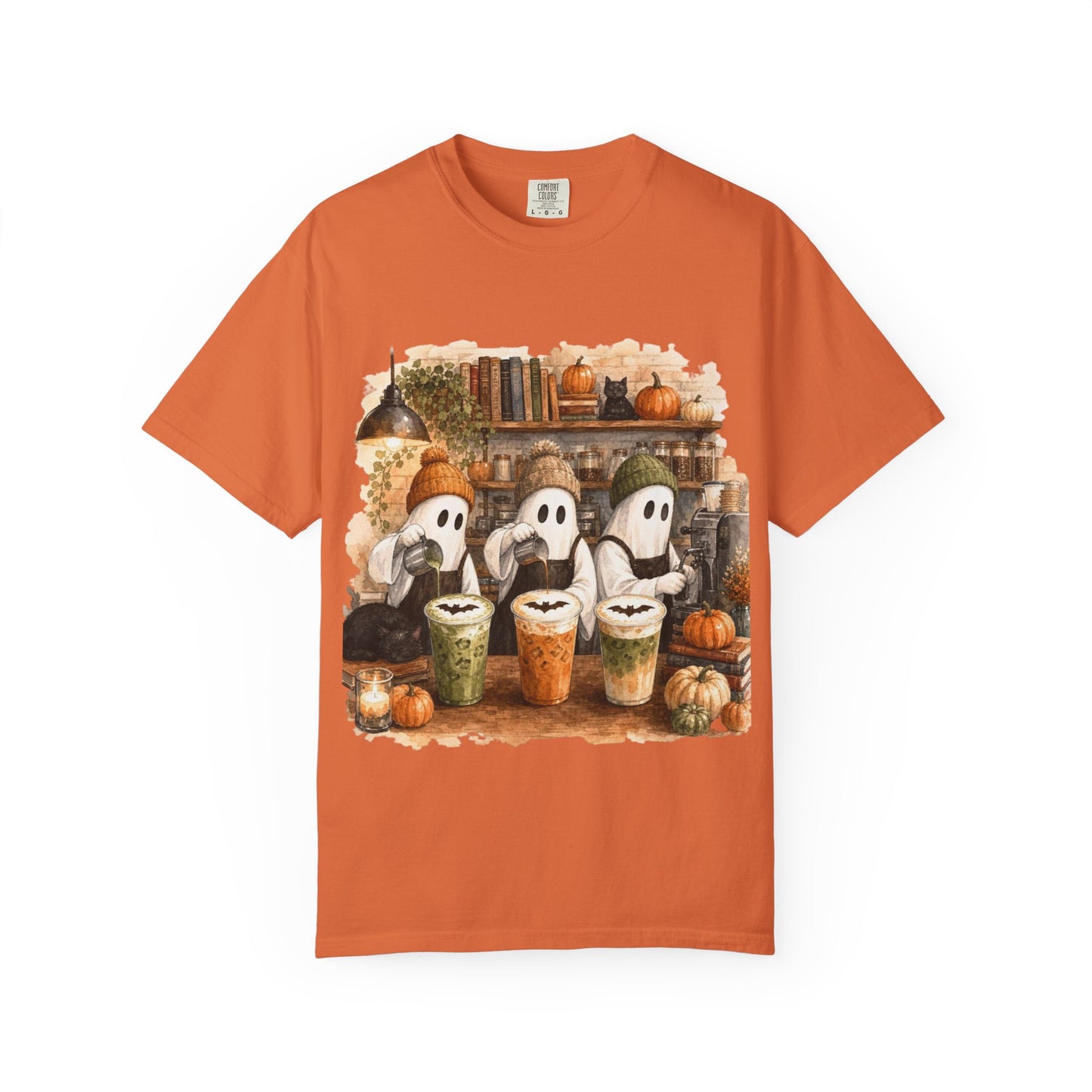 Ghost Trio with Pumpkin Lattes T-Shirt, Cute Halloween Coffee Shirt, Cozy Fall Ghost Tee, Pumpkin Spice Graphic, Autumn Coffee Lover Gift