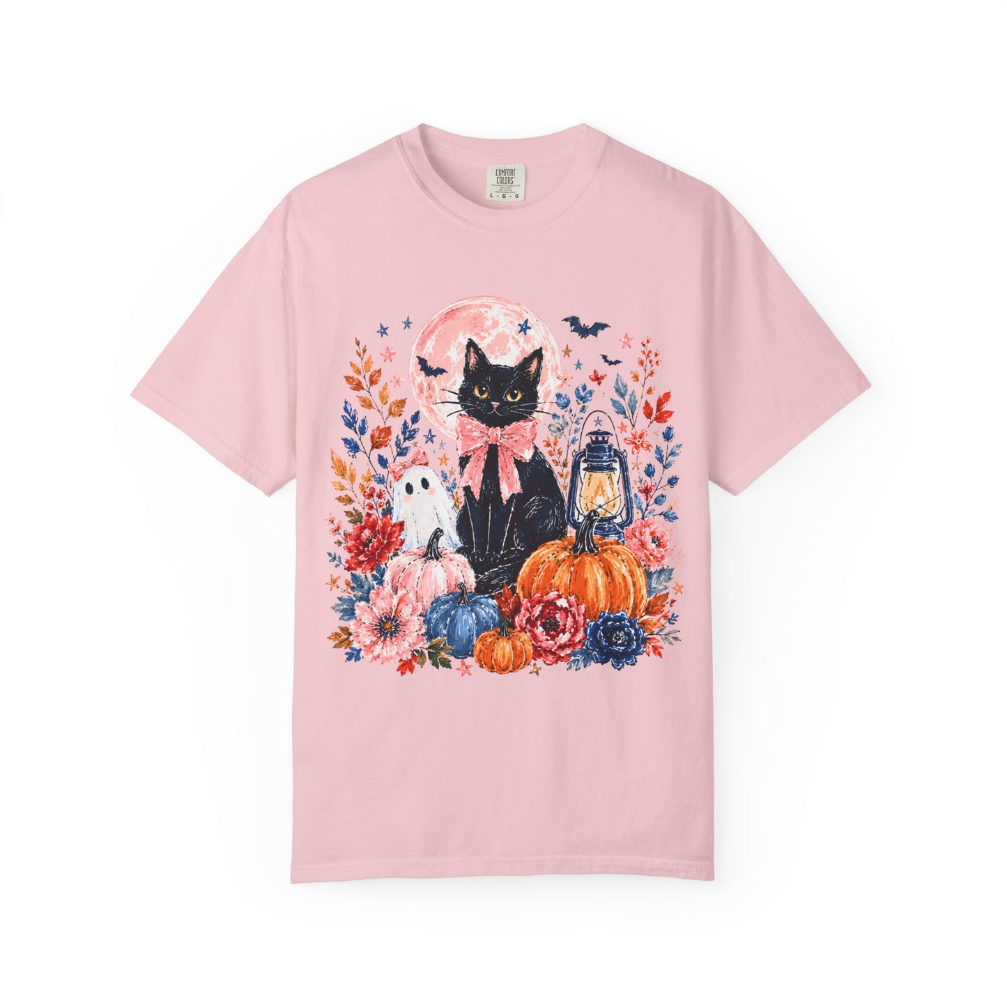 Black Cat with Pumpkins T-shirt | Halloween Moon Lantern Floral Design