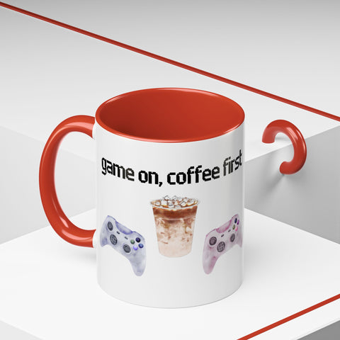 'Game On, Coffee First' Accent Coffee Mug