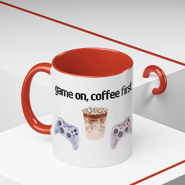 'Game On, Coffee First' Accent Coffee Mug
