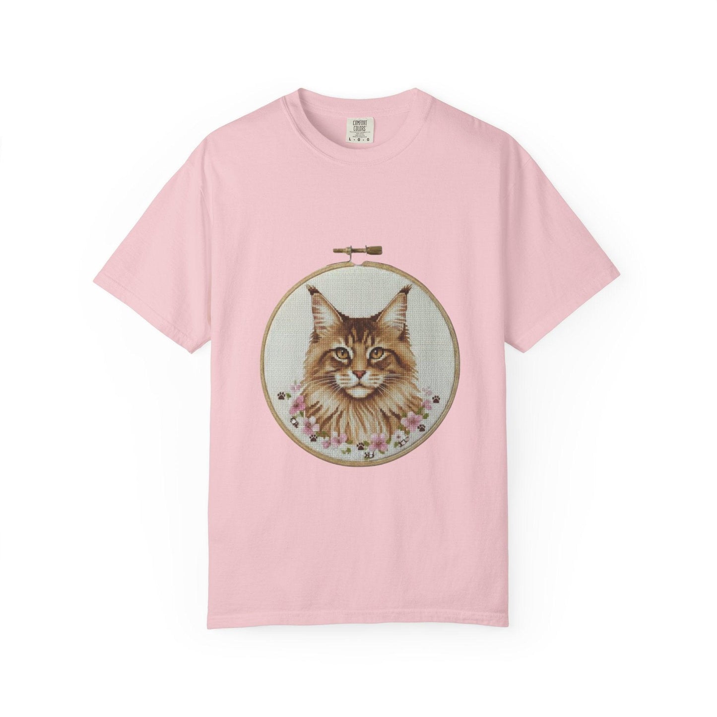 Maine Coon Portrait Hoop Art T-shirt | Cat Face Floral Embroidery Print