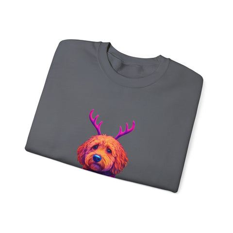 Golden Doodle with Reindeer Antlers Sweatshirt | Holiday Dog Sweater Design