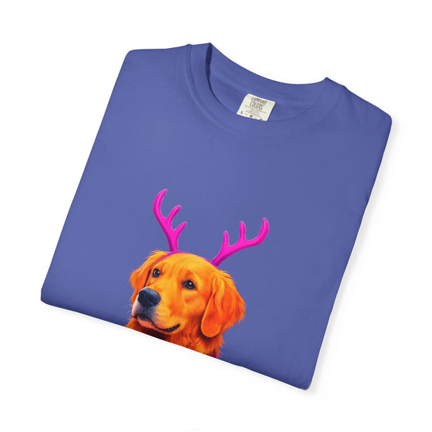 Golden Retriever with Antlers sweater T-Shirt | Neon Holiday Dog Design