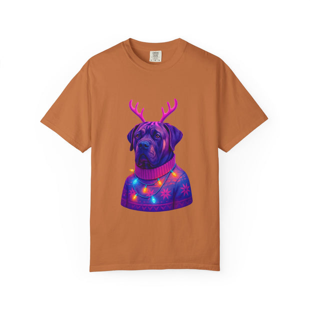 Neon English Mastiff Dog with Antlers T-Shirt | Christmas Sweater Lights Design