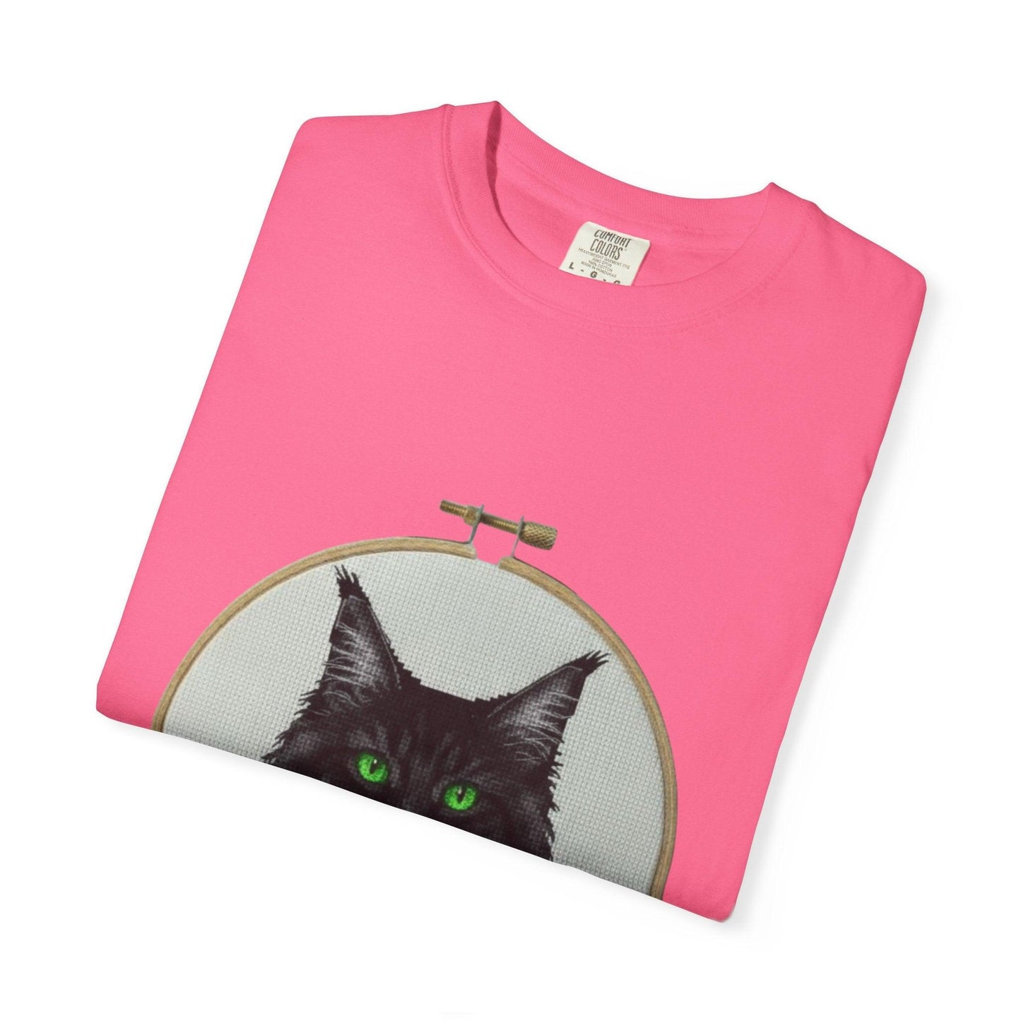 Black Cat Portrait T-Shirt | Embroidery Hoop Art, Green Eyes