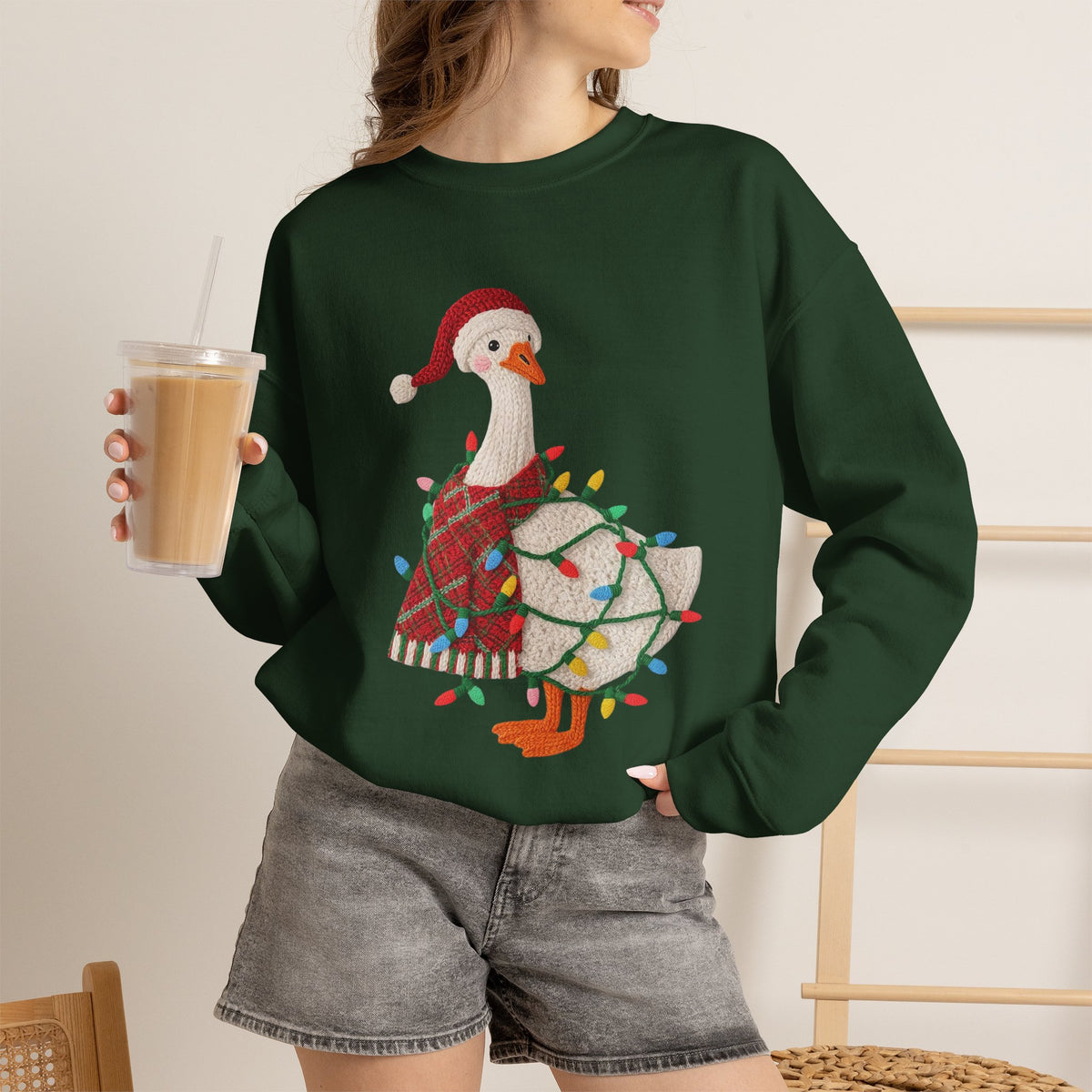 Christmas Goose Wearing Santa Hat Crewneck Sweatshirt | Holiday Duck in Lights