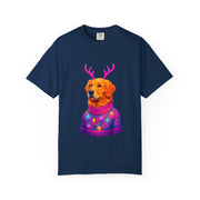 Golden Retriever with Antlers sweater T-Shirt | Neon Holiday Dog Design