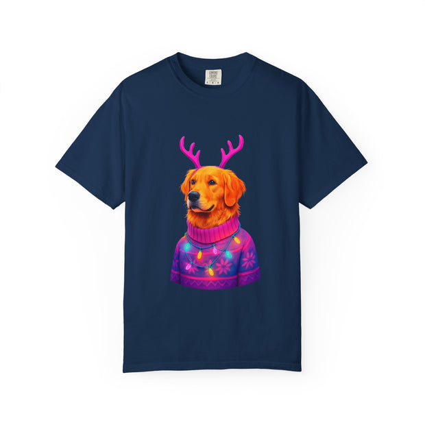 Golden Retriever with Antlers sweater T-Shirt | Neon Holiday Dog Design