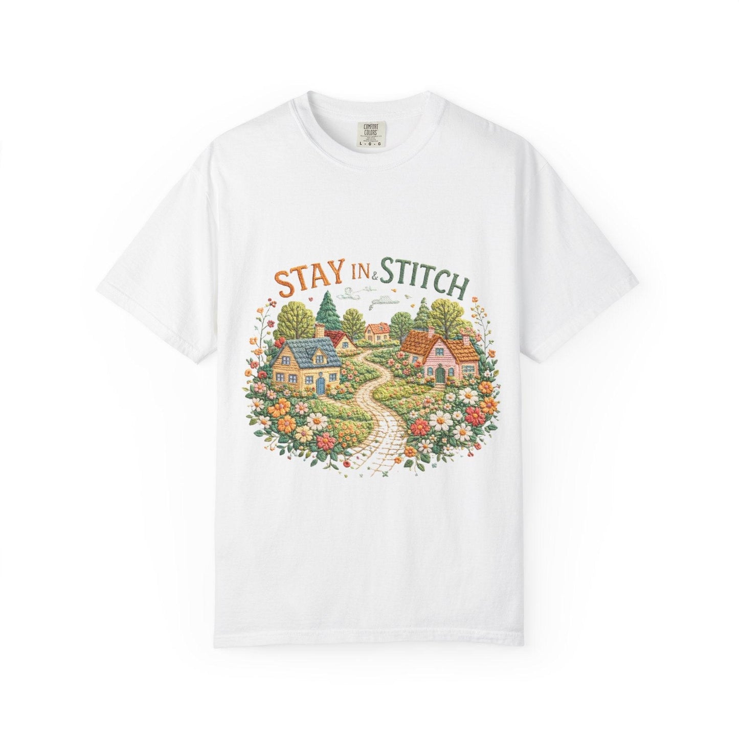 Stay In and Stitch Shirt, Cottagecore Sewing Tee, Grandma Hobbies Top, Vintage Cross Stitch Floral Village
