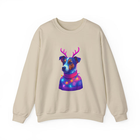 Neon Jack Russell in Reindeer Antlers Sweatshirt | Holiday Pet Portrait