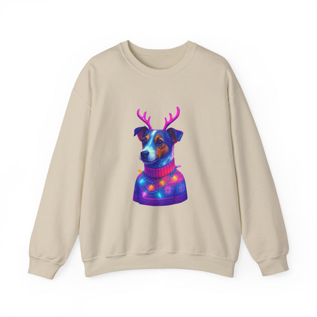 Neon Jack Russell in Reindeer Antlers Sweatshirt | Holiday Pet Portrait