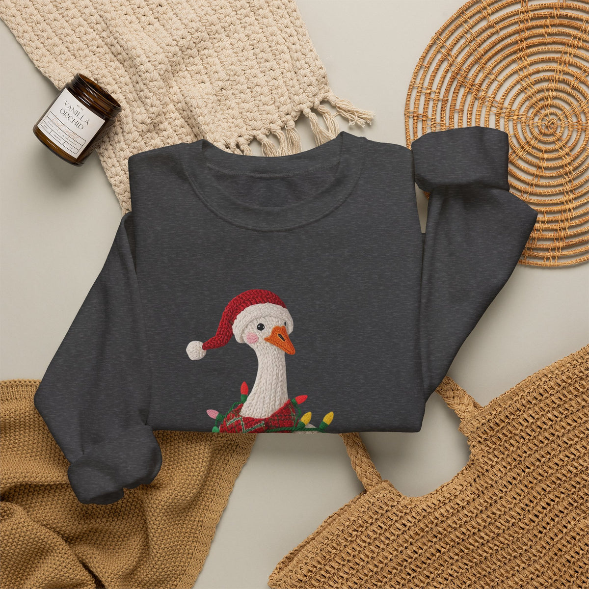 Christmas Goose Wearing Santa Hat Crewneck Sweatshirt | Holiday Duck in Lights