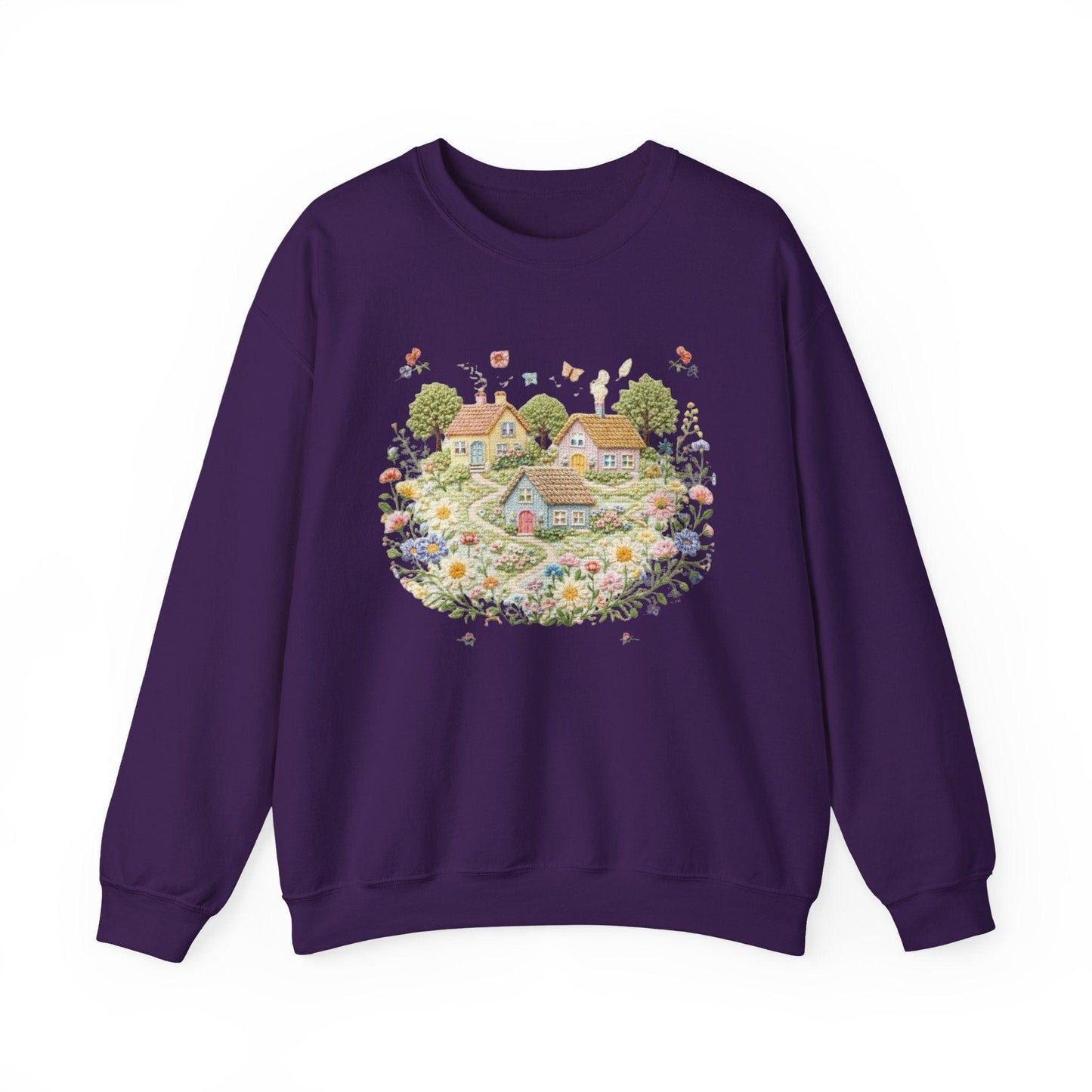 Cottage Garden Illustration Sweatshirt | Floral Village Scene, Cozy Spring