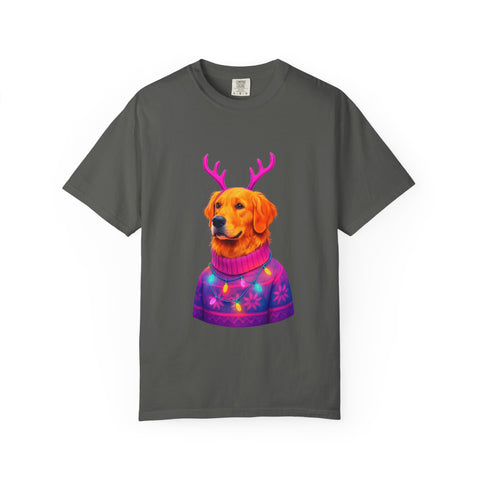 Golden Retriever with Antlers sweater T-Shirt | Neon Holiday Dog Design