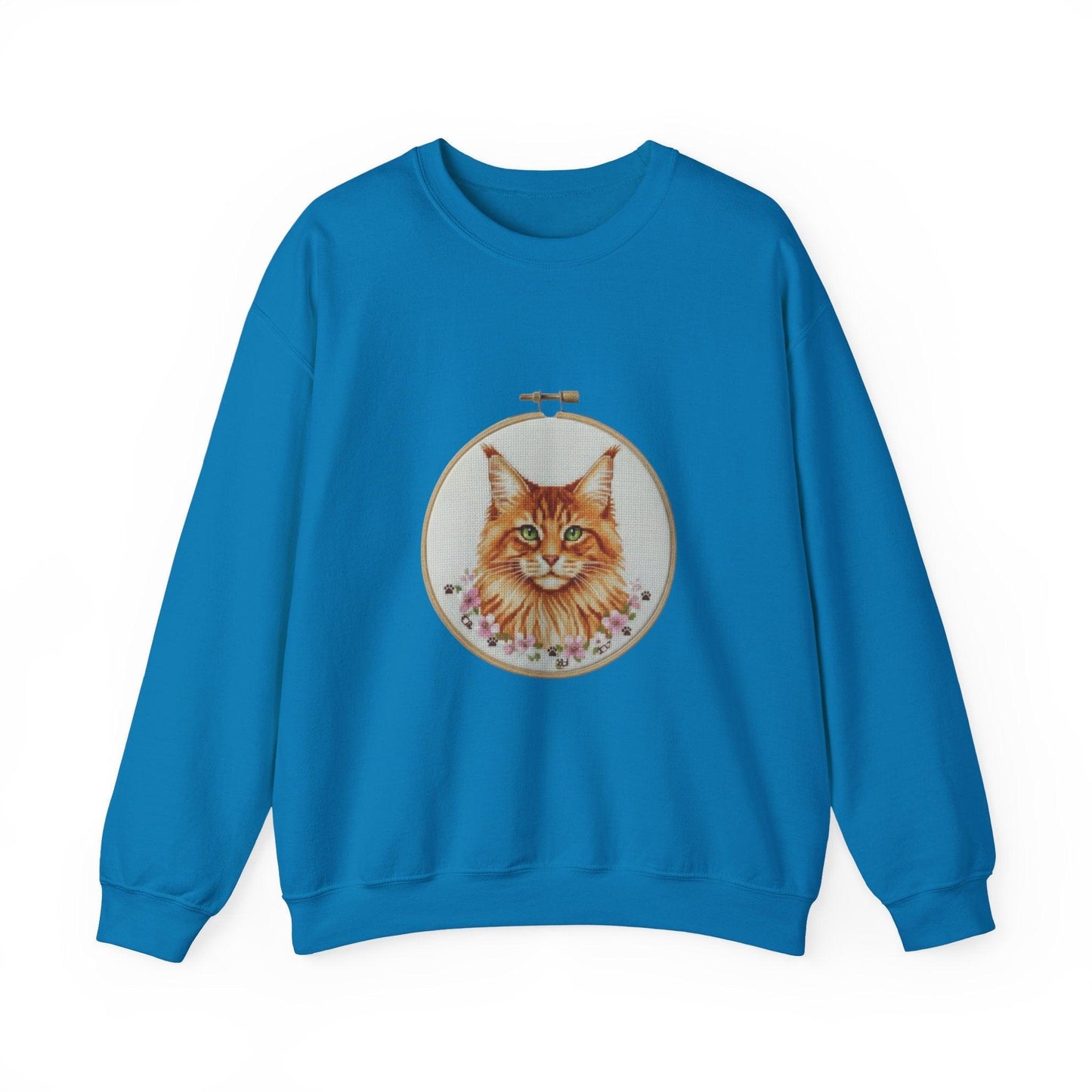 Orange Tabby Cat Sweatshirt, Cat Mom Gift, Cross Stitch Cat Portrait, Embroidery Hoop Floral Crewneck