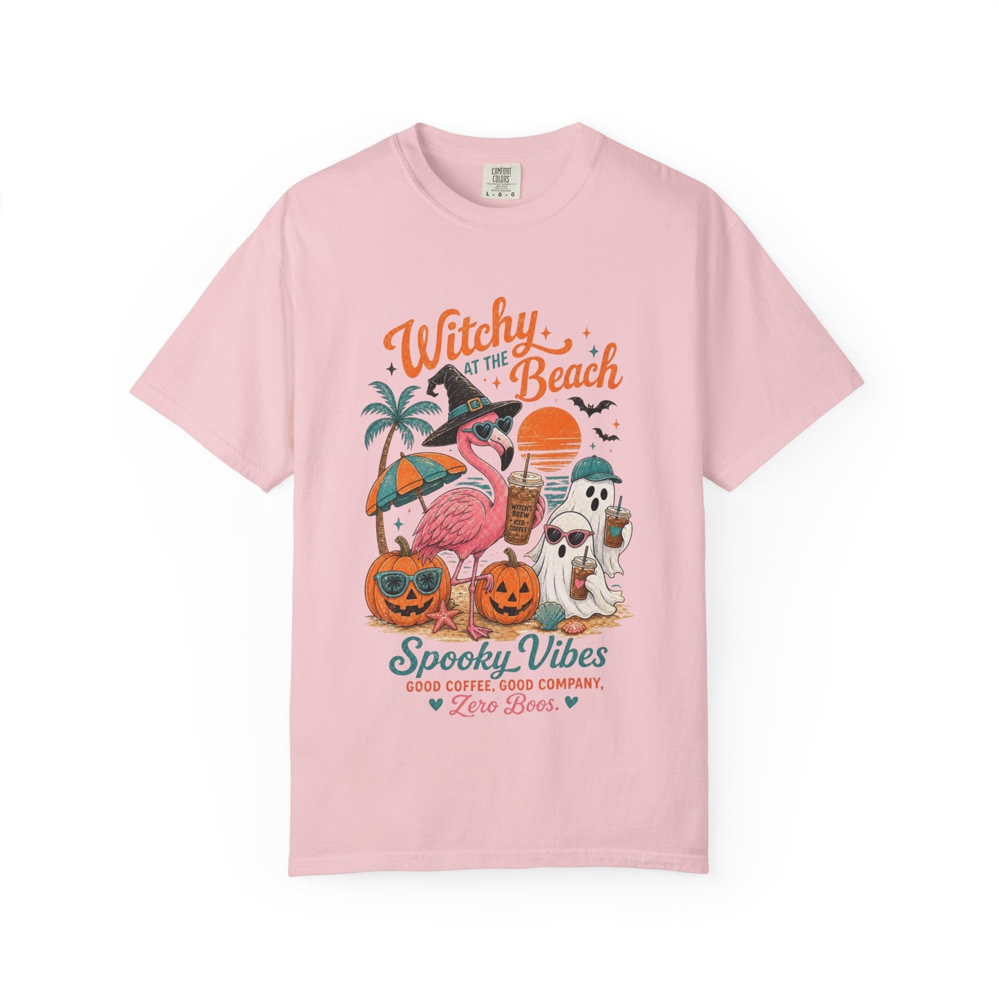 Witchy at the Beach T-shirt | Spooky Vibes Halloween Flamingo Design