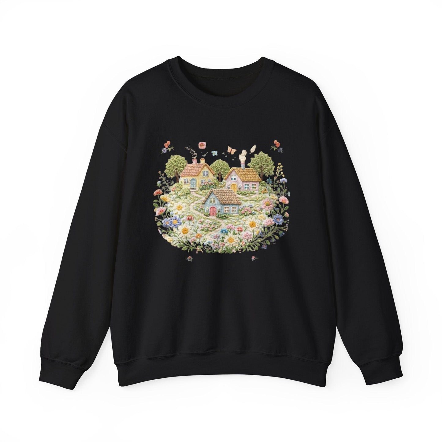 Cottage Garden Illustration Sweatshirt | Floral Village Scene, Cozy Spring