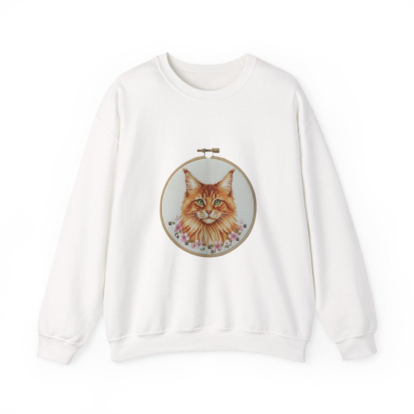 Orange Tabby Cat Sweatshirt, Cat Mom Gift, Cross Stitch Cat Portrait, Embroidery Hoop Floral Crewneck