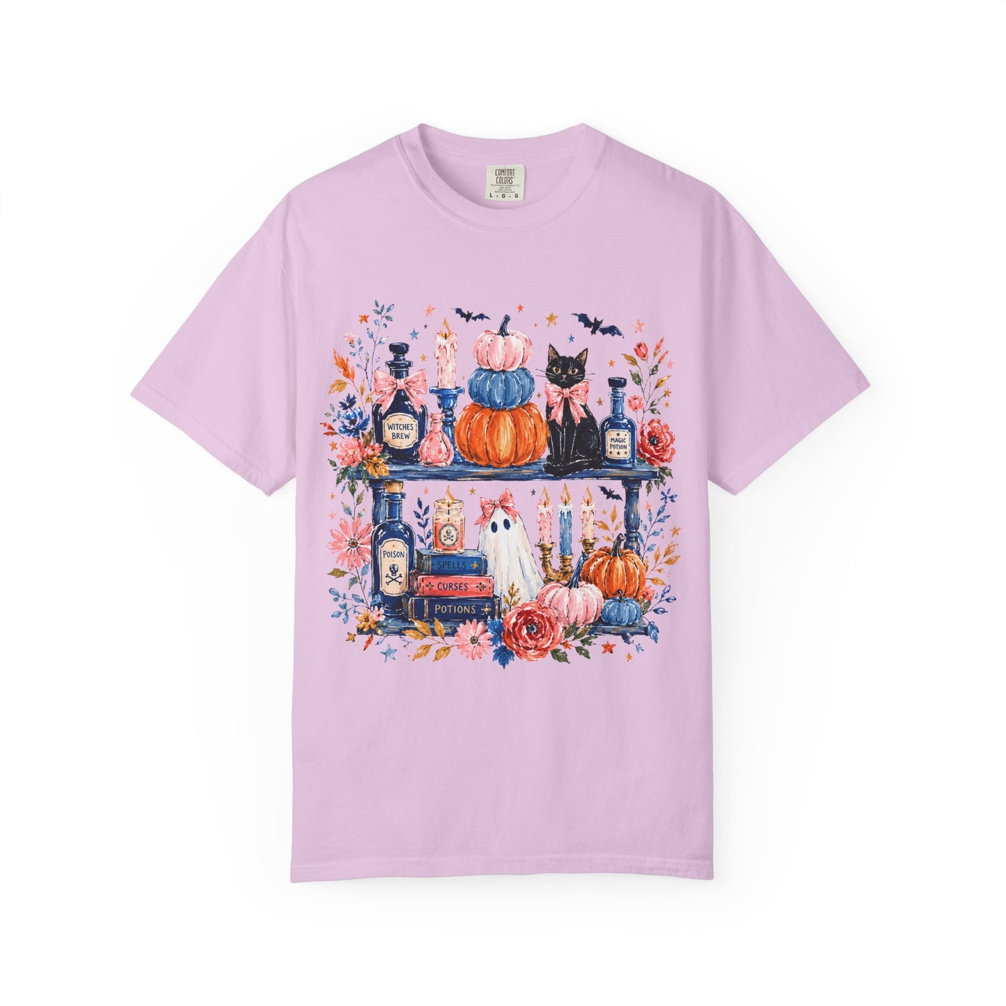 Autumn Apothecary Illustration T-shirt | Pumpkins, Black Cat, Potion Bottles